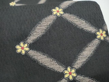 平和屋着物▽六通柄袋帯　スリーシーズン　春夏秋　菱花文　黒地　正絹　逸品　CABI0132hy