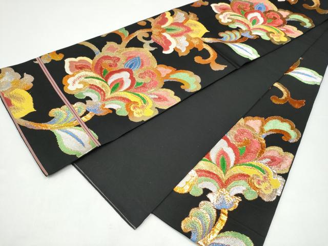 平和屋着物●西陣　環美術織物　六通柄　本袋帯　天平唐花文　黒地　金銀糸　正絹　逸品　CABI0137hy