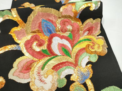 平和屋着物●西陣　環美術織物　六通柄　本袋帯　天平唐花文　黒地　金銀糸　正絹　逸品　CABI0137hy
