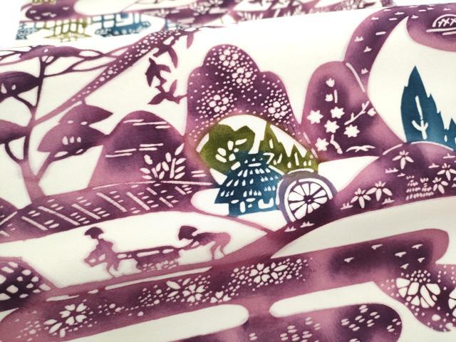 平和屋着物●塩瀬　全通柄　九寸名古屋帯　型染め　風景草花文　正絹　逸品　CABI0150hy