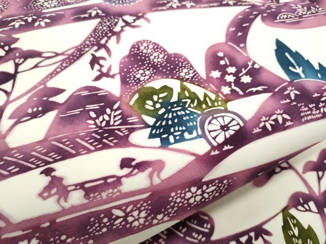 平和屋着物●塩瀬　全通柄　九寸名古屋帯　型染め　風景草花文　正絹　逸品　CABI0150hy