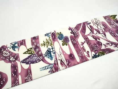 平和屋着物●塩瀬　全通柄　九寸名古屋帯　型染め　風景草花文　正絹　逸品　CABI0150hy
