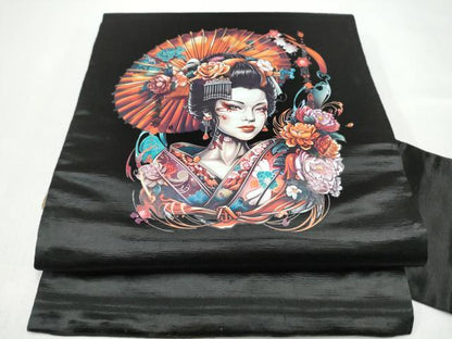 平和屋着物●アンティーク　大正ロマン　九寸名古屋帯　女人文　黒地　正絹　逸品　CABI0151hy