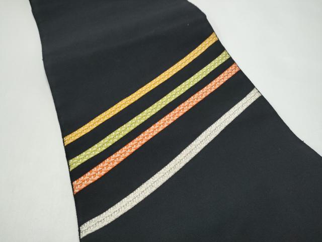 平和屋着物●爪掻き本綴れ　八寸名古屋帯　斜線文　黒地　正絹　逸品　CABI0152hy