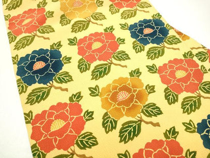 平和屋着物●全通柄　九寸名古屋帯　型染め　牡丹　鬼しぼ縮緬　三越扱い　正絹　逸品　CABI0156hy