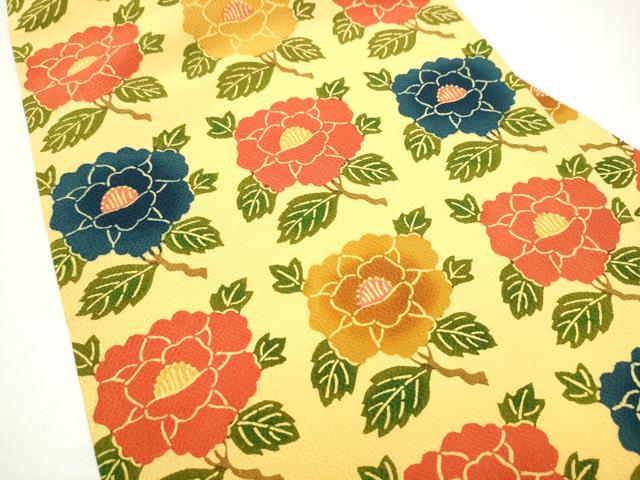 平和屋着物●全通柄　九寸名古屋帯　型染め　牡丹　鬼しぼ縮緬　三越扱い　正絹　逸品　CABI0156hy