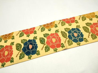 平和屋着物●全通柄　九寸名古屋帯　型染め　牡丹　鬼しぼ縮緬　三越扱い　正絹　逸品　CABI0156hy