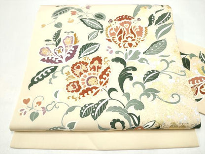 平和屋着物●塩瀬　九寸名古屋帯　更紗花唐草文　金銀彩　正絹　逸品　CABI0157hy