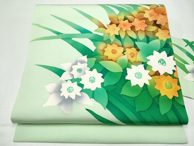 平和屋着物●塩瀬　九寸名古屋帯　作家物　ろうけつ染　草花文　正絹　逸品　CABI0160hy