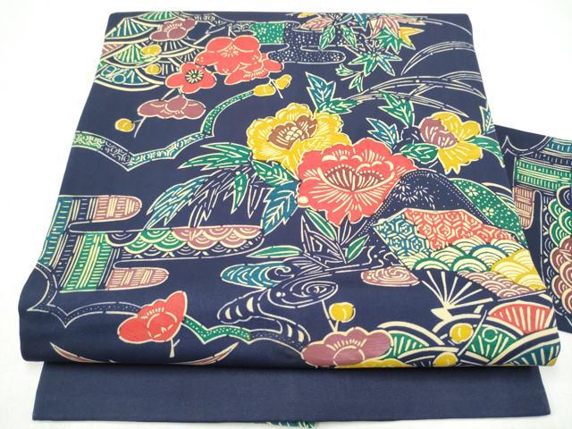 平和屋着物●塩瀬　全通柄　九寸名古屋帯　型染め　草花文　正絹　逸品　CABI0165hy