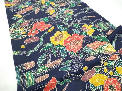 平和屋着物●塩瀬　全通柄　九寸名古屋帯　型染め　草花文　正絹　逸品　CABI0165hy