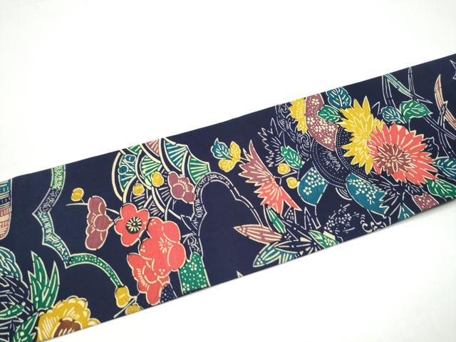 平和屋着物●塩瀬　全通柄　九寸名古屋帯　型染め　草花文　正絹　逸品　CABI0165hy
