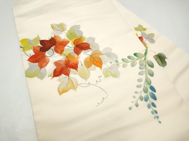 平和屋着物●塩瀬　九寸名古屋帯　手描き　蔦の葉文　正絹　逸品　CABI0166hy