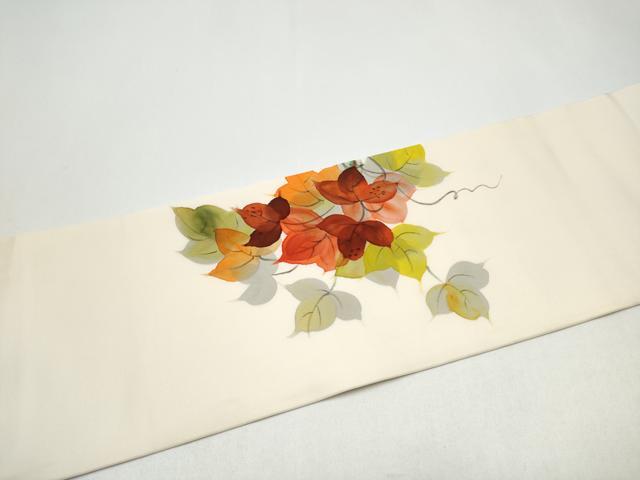 平和屋着物●塩瀬　九寸名古屋帯　手描き　蔦の葉文　正絹　逸品　CABI0166hy