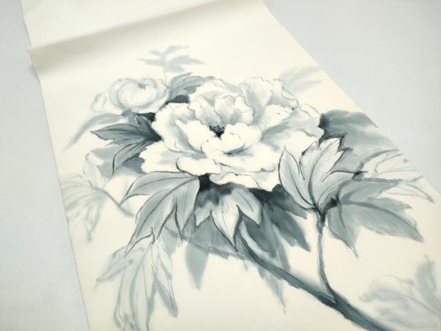 平和屋着物●塩瀬　九寸開き名古屋帯　手描き　牡丹　正絹　逸品　CABI0168hy