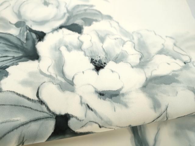 平和屋着物●塩瀬　九寸開き名古屋帯　手描き　牡丹　正絹　逸品　CABI0168hy