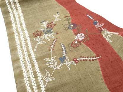 平和屋着物●九寸名古屋帯　紬地　絞り　刺繍　刺し子　草花文　正絹　逸品　CABI0169hy