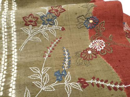 平和屋着物●九寸名古屋帯　紬地　絞り　刺繍　刺し子　草花文　正絹　逸品　CABI0169hy