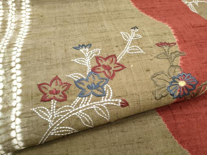 平和屋着物●九寸名古屋帯　紬地　絞り　刺繍　刺し子　草花文　正絹　逸品　CABI0169hy