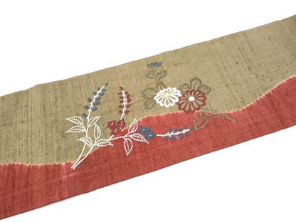 平和屋着物●九寸名古屋帯　紬地　絞り　刺繍　刺し子　草花文　正絹　逸品　CABI0169hy