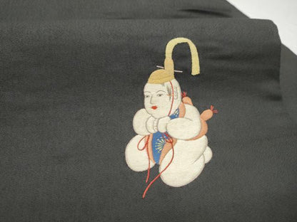 平和屋着物●アンティーク　大正ロマン　九寸名古屋帯　作家物　総刺繍　唐子　黒地　金糸　正絹　逸品　CABI0173hy