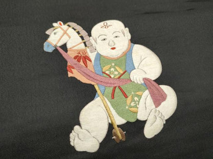 平和屋着物●アンティーク　大正ロマン　九寸名古屋帯　作家物　総刺繍　唐子　黒地　金糸　正絹　逸品　CABI0173hy