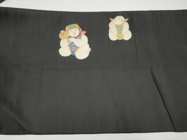 平和屋着物●アンティーク　大正ロマン　九寸名古屋帯　作家物　総刺繍　唐子　黒地　金糸　正絹　逸品　CABI0173hy