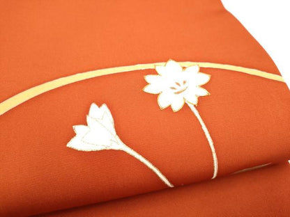 平和屋着物●塩瀬　九寸開き名古屋帯　駒刺繍　草花文　金彩　正絹　逸品　CABI0177hy