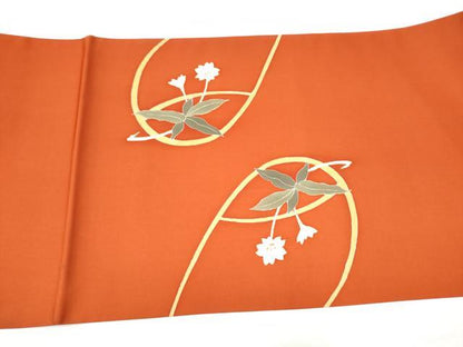 平和屋着物●塩瀬　九寸開き名古屋帯　駒刺繍　草花文　金彩　正絹　逸品　CABI0177hy