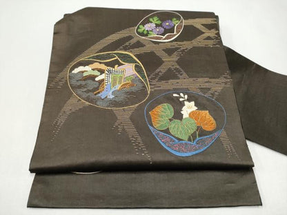 平和屋着物●アンティーク　大正ロマン　九寸名古屋帯　総刺繍　貝合せ御所車花文　黒地　金糸　正絹　逸品　CABI0186hy