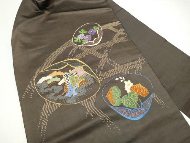 平和屋着物●アンティーク　大正ロマン　九寸名古屋帯　総刺繍　貝合せ御所車花文　黒地　金糸　正絹　逸品　CABI0186hy