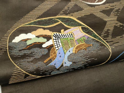平和屋着物●アンティーク　大正ロマン　九寸名古屋帯　総刺繍　貝合せ御所車花文　黒地　金糸　正絹　逸品　CABI0186hy