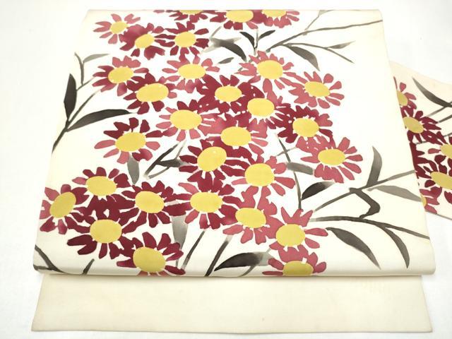 平和屋着物●塩瀬　九寸名古屋帯　ろうけつ染　枝花文　正絹　逸品　CABI0194hy