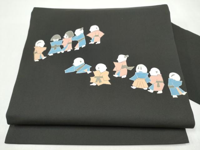 平和屋着物●塩瀬　九寸名古屋帯　人物文　黒地　金彩　正絹　逸品　CABI0195hy