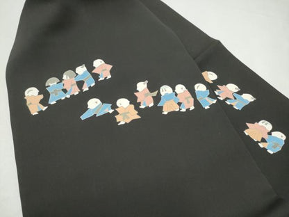平和屋着物●塩瀬　九寸名古屋帯　人物文　黒地　金彩　正絹　逸品　CABI0195hy