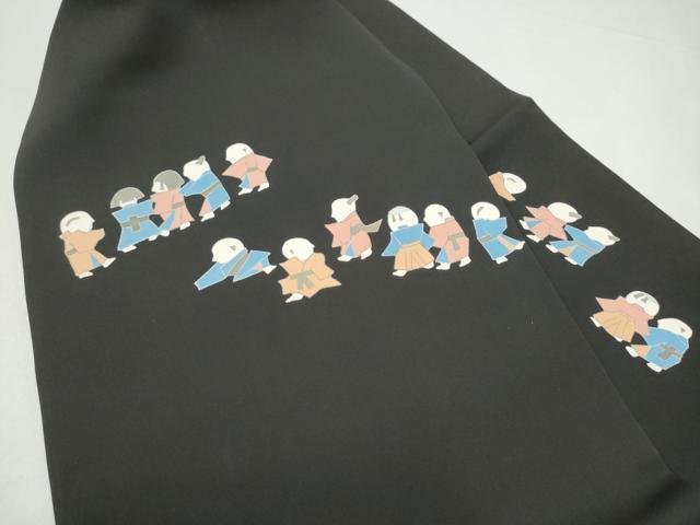 平和屋着物●塩瀬　九寸名古屋帯　人物文　黒地　金彩　正絹　逸品　CABI0195hy
