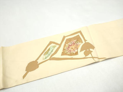 平和屋着物●塩瀬　九寸名古屋帯　ろうけつ染　舞花文　金彩　正絹　逸品　CABI0196hy