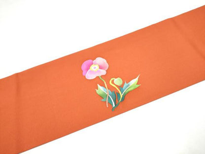 平和屋着物●塩瀬　つけ帯　ろうけつ染　草花文　銀通し地　正絹　逸品　CABI0217hy
