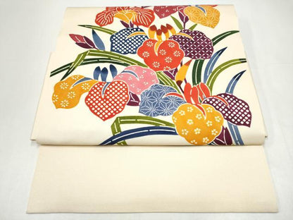 平和屋着物●つけ帯　型染め　草花文　正絹　逸品　CABI0218hy