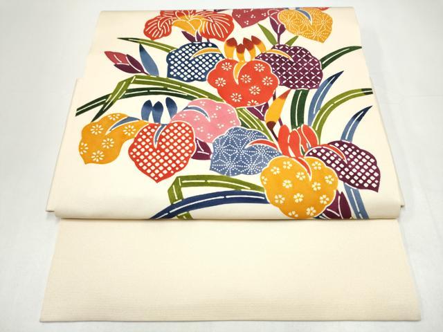 平和屋着物●つけ帯　型染め　草花文　正絹　逸品　CABI0218hy