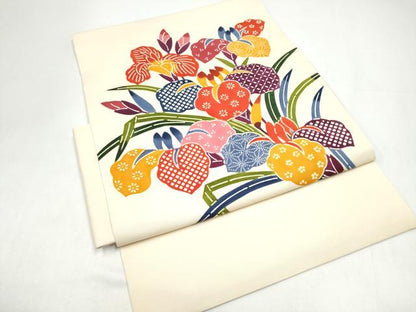 平和屋着物●つけ帯　型染め　草花文　正絹　逸品　CABI0218hy
