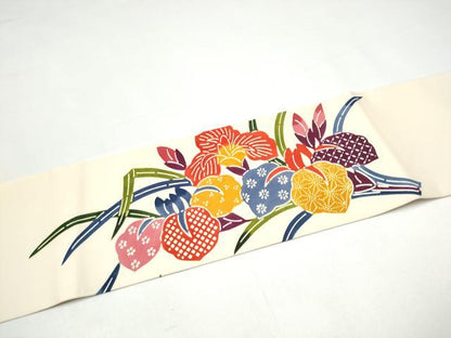 平和屋着物●つけ帯　型染め　草花文　正絹　逸品　CABI0218hy
