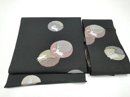 平和屋着物●つけ帯　兎鹿の子丸文　黒地　正絹　逸品　CABI0219hy