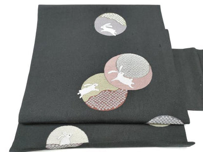 平和屋着物●つけ帯　兎鹿の子丸文　黒地　正絹　逸品　CABI0219hy