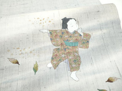 平和屋着物●太鼓柄袋帯　作家物　紬地　童子　正絹　逸品　CABI0229hy