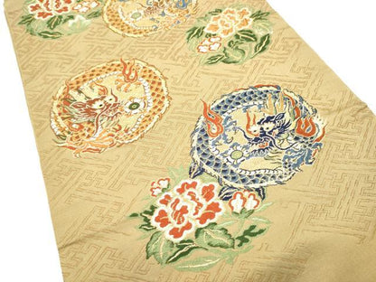 平和屋着物●アンティーク　大正ロマン　丸帯　龍　花丸文　金糸　正絹　逸品　CABI0231hy