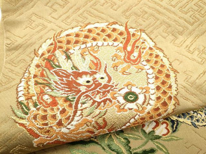平和屋着物●アンティーク　大正ロマン　丸帯　龍　花丸文　金糸　正絹　逸品　CABI0231hy