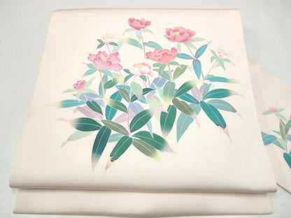 平和屋着物●塩瀬　九寸名古屋帯　友禅　作家物　草花文　正絹　逸品　CABI0242hy