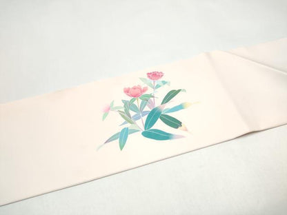 平和屋着物●塩瀬　九寸名古屋帯　友禅　作家物　草花文　正絹　逸品　CABI0242hy