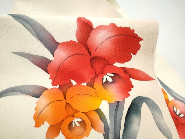 平和屋着物●九寸名古屋帯　作家物　ろうけつ染　草花文　鬼しぼ縮緬　正絹　逸品　CABI0246hy